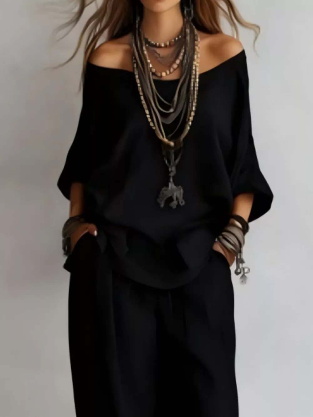 Off-Shoulder Loose Fit Top and Pants Two-Piece Set, image 11