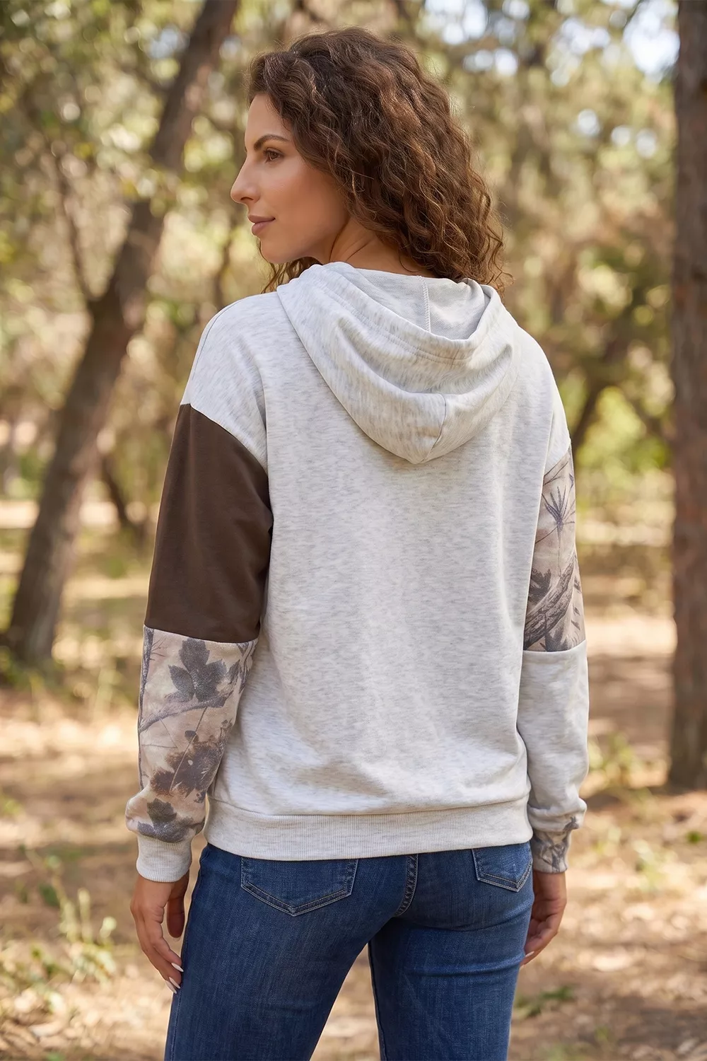 Multicolour Camo Print Drawstring Long Sleeve Western Style Hoodie, image 4