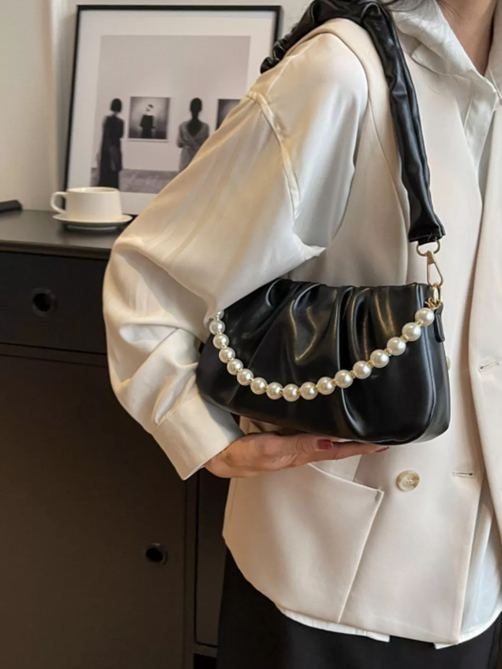 Ruched Shoulder Bag with Pearl Embellishment