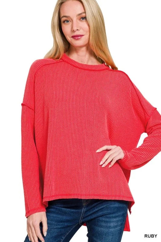 Full Size Exposed Seam Long Sleeve Corded Rib Knit Top Plus Size
