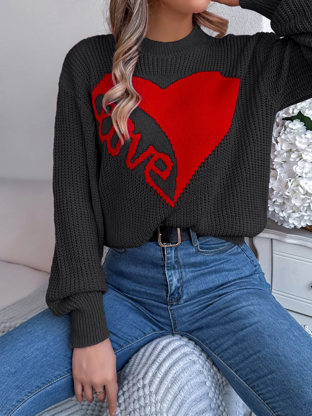 LOVE Heart Round Neck Dropped Shoulder Sweater, image 18