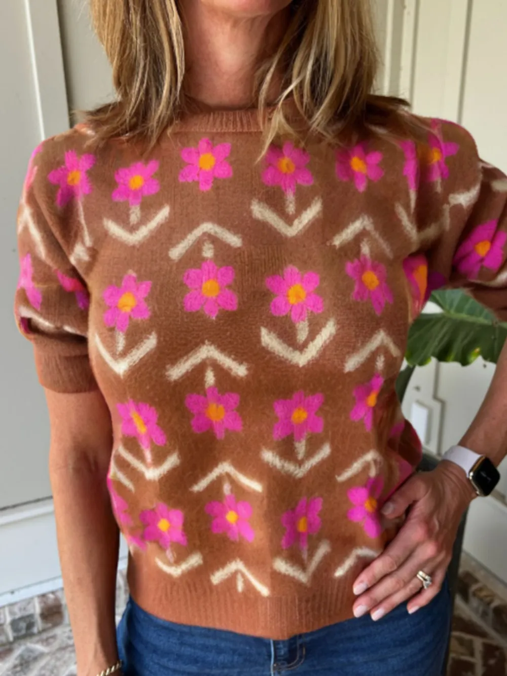 Floral Pattern Short Sleeve Sweater, image 3