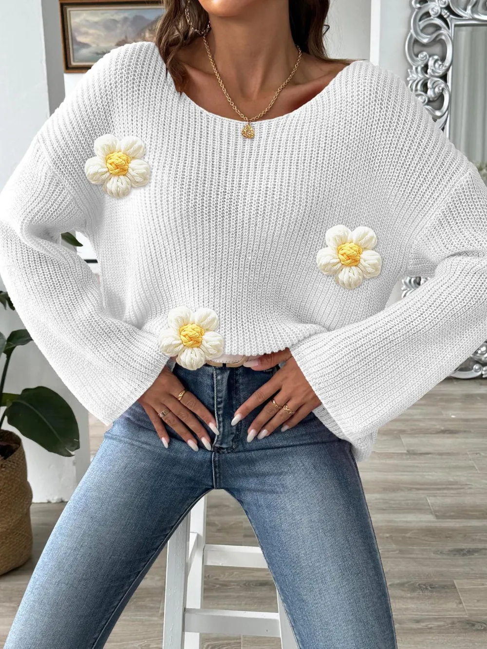 Flower Round Neck Long Sleeve Sweater, image 9