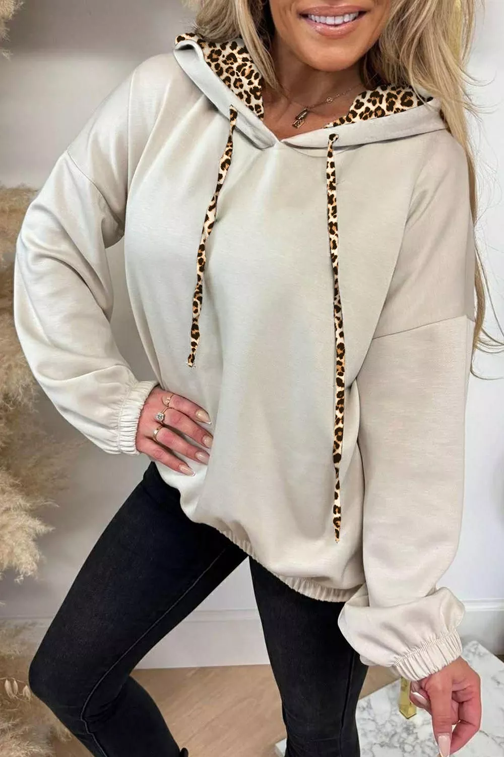 Leopard Print Lined Hoodie with Drawstring