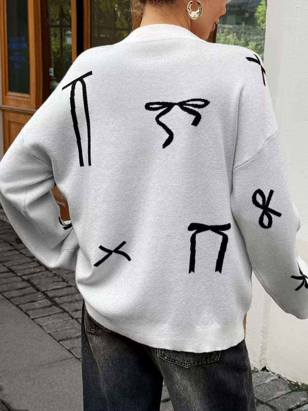 Bow Round Neck Dropped Shoulder Sweater, image 5