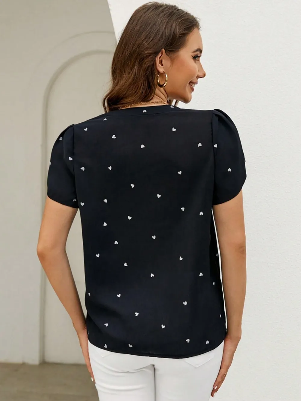 Heart Print Notched Petal Sleeve Blouse, image 2