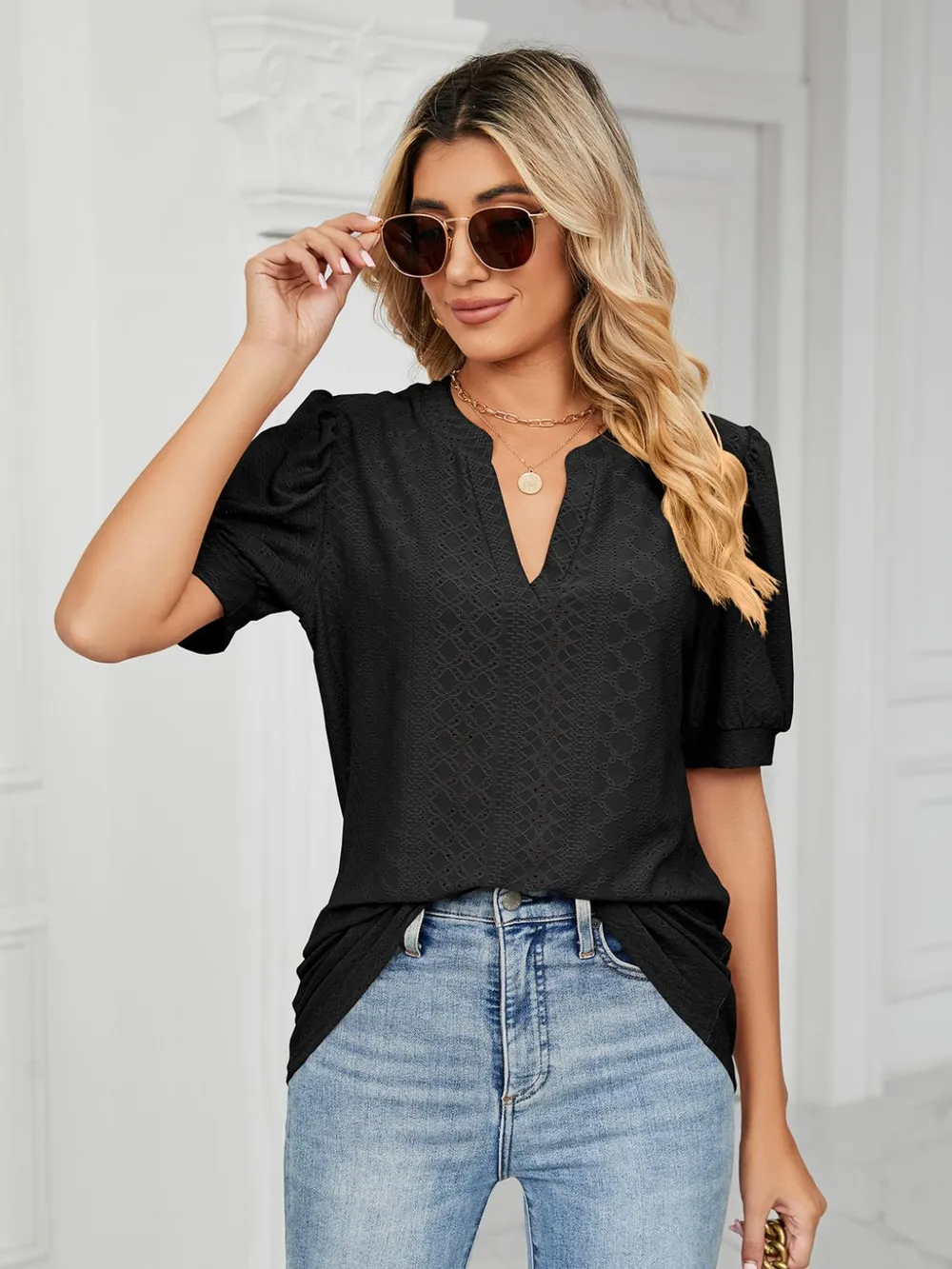 Eyelet Notched Short Sleeve T-Shirt, image 8