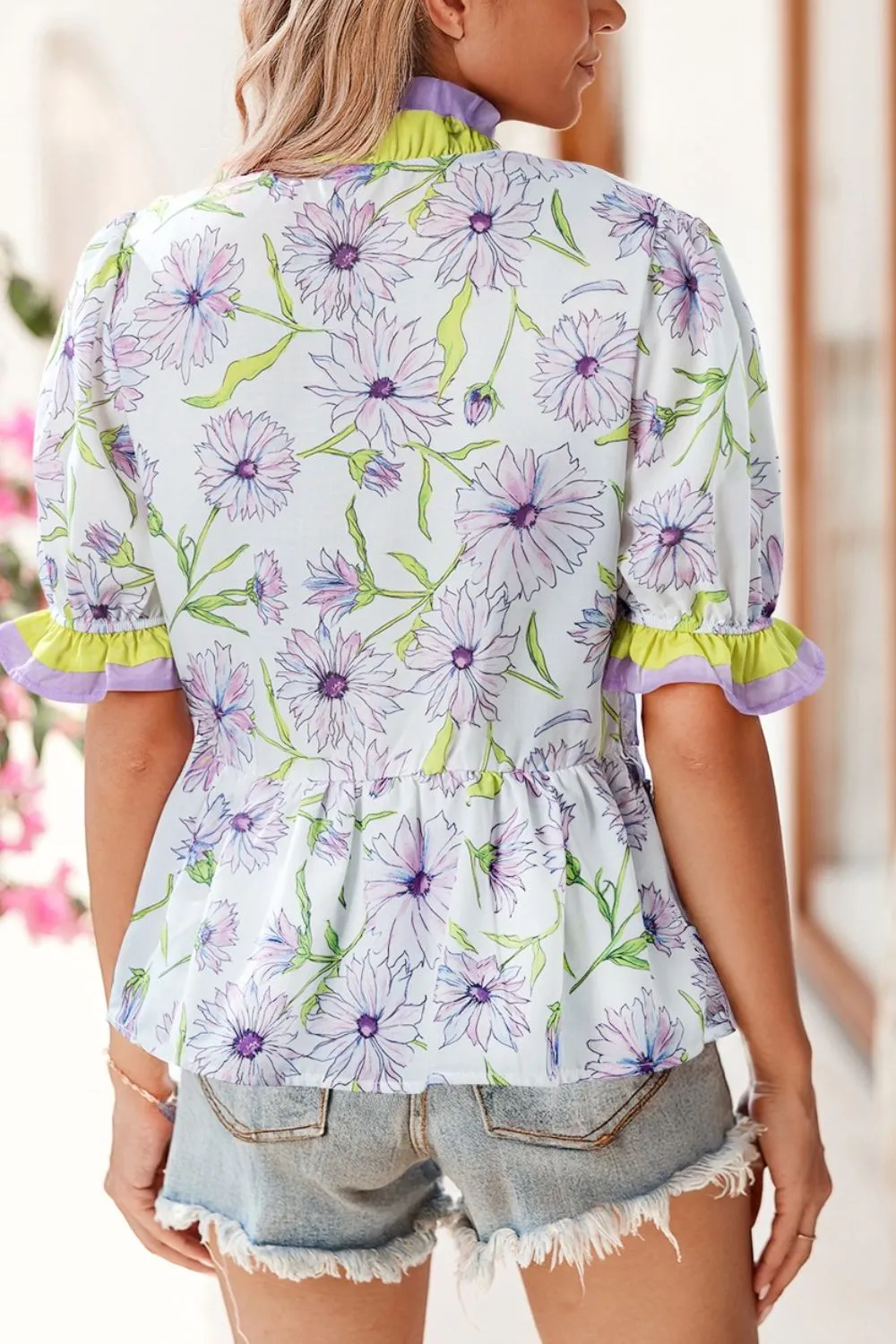 Floral Print Flounce Sleeve Peplum Blouse, image 8