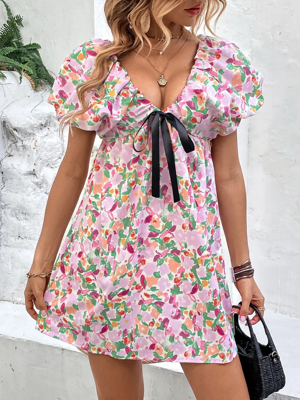Printed V-Neck Puff Sleeve Mini Dress, image 4