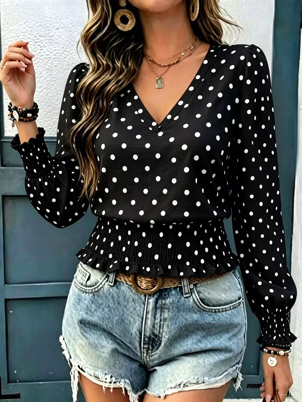 Polka Dot V-Neck Smocked Blouse, image 6