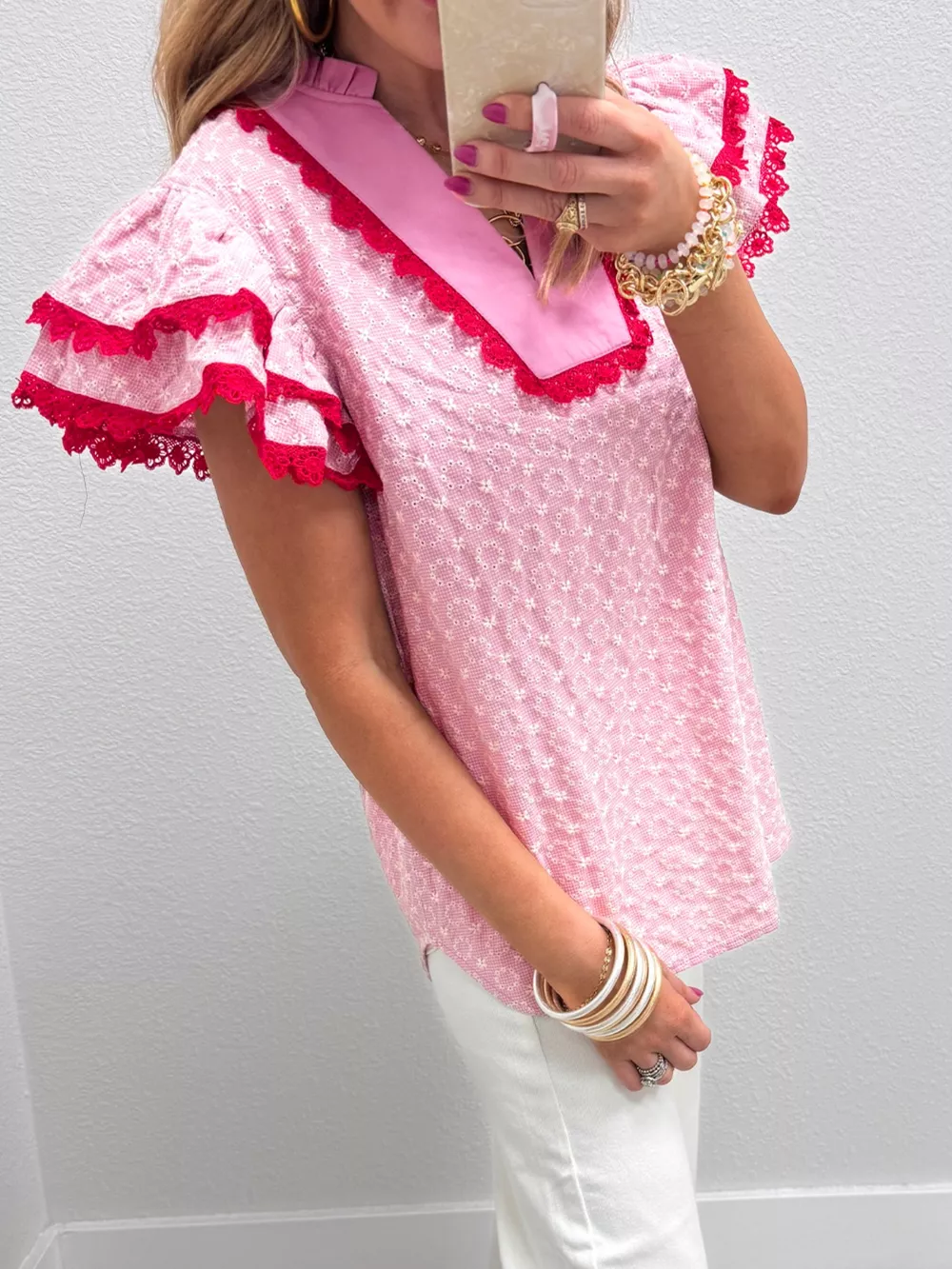 Eyelet Embroidered Flower Texture Contrast Lace Trim Flutter Sleeve Blouse, image 5