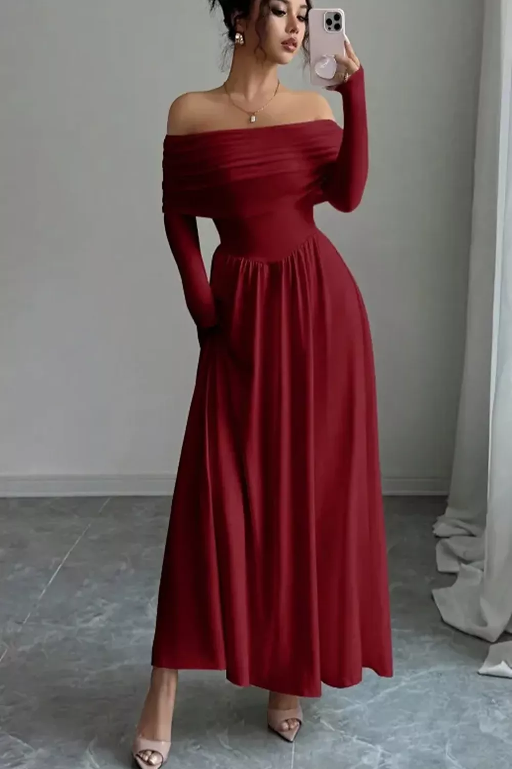 Off-Shoulder Ruched Bodycon Maxi Dress, image 8