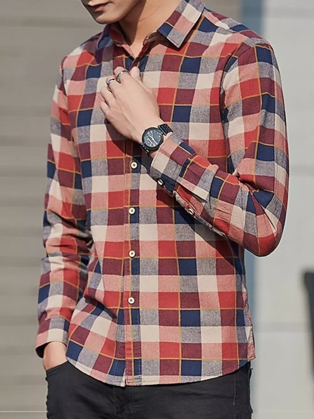 Men's Full Size Casual Plaid Long Sleeve Shirt Plus Size, image 4