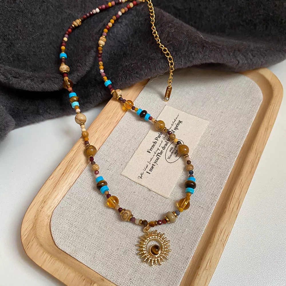 Multi-Color Beaded Sunflower Pendant Necklace, image 5
