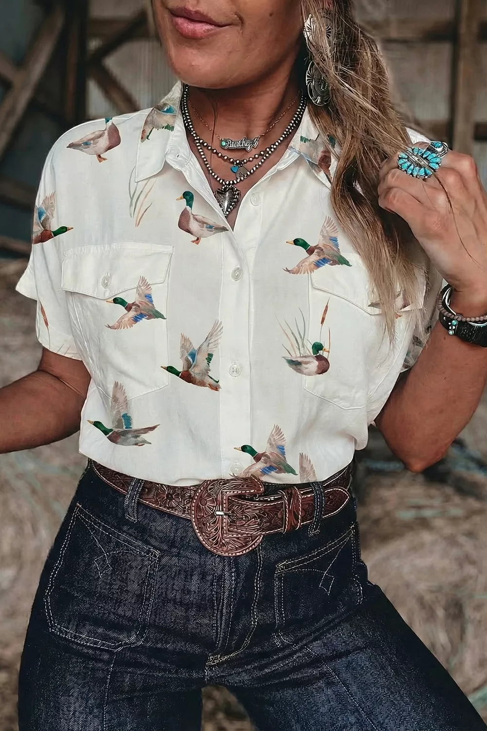 Mallard Printed Button Flap Pocket Short Sleeve Shirt, image 5