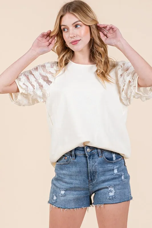 Full Size Lace Puff Sleeve Round Neck Top Plus Size, image 6