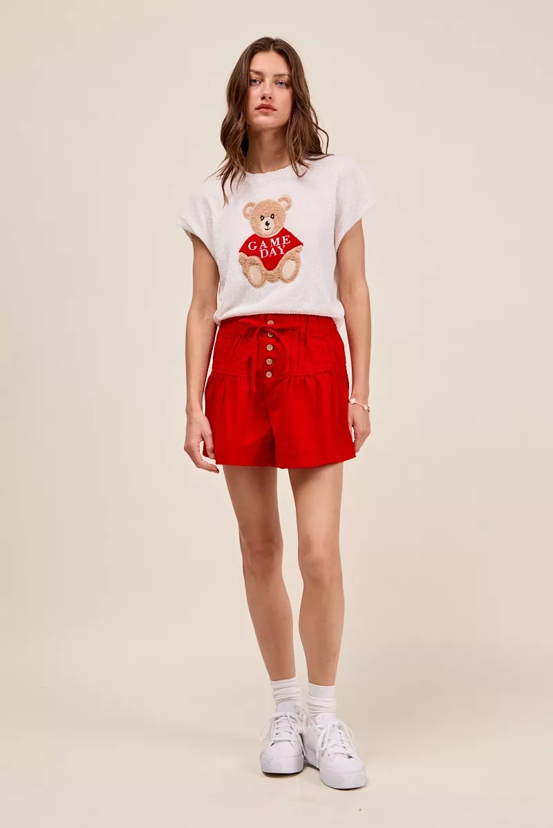 Solid Twill Denim Pintucked Buttoned Shorts With Waist Tie, image 5
