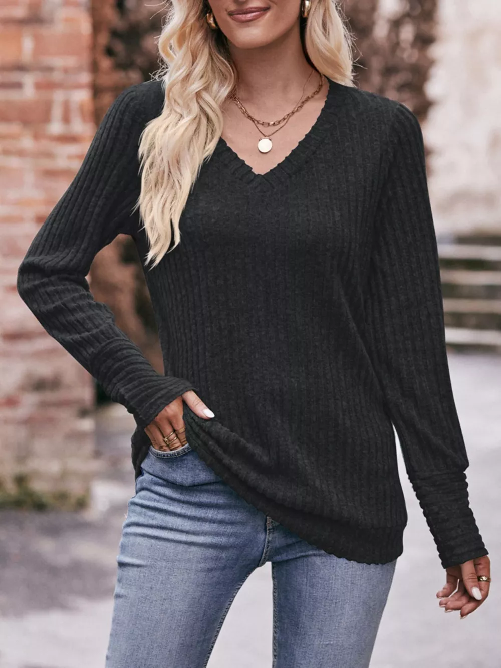 V-Neck Ribbed Knit Long Sleeve T-Shirt, image 14