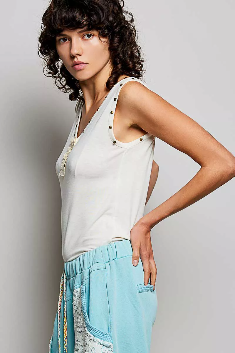 Studded Trim Button-Front Ruffle Detail Tank, image 3