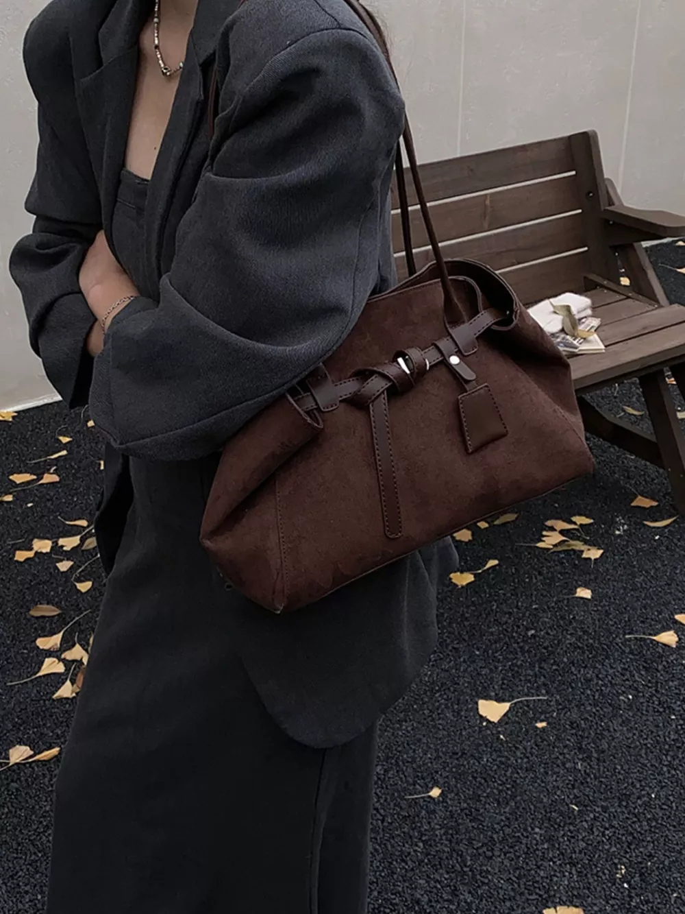 Suede Decorative Belt Buckle Shoulder Bag, image 6