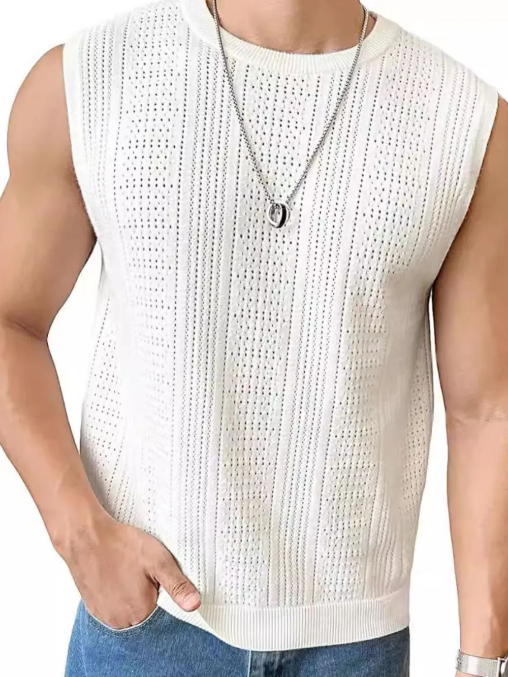 Men's Full Size Eyelet Round Neck Tank Plus Size, image 3