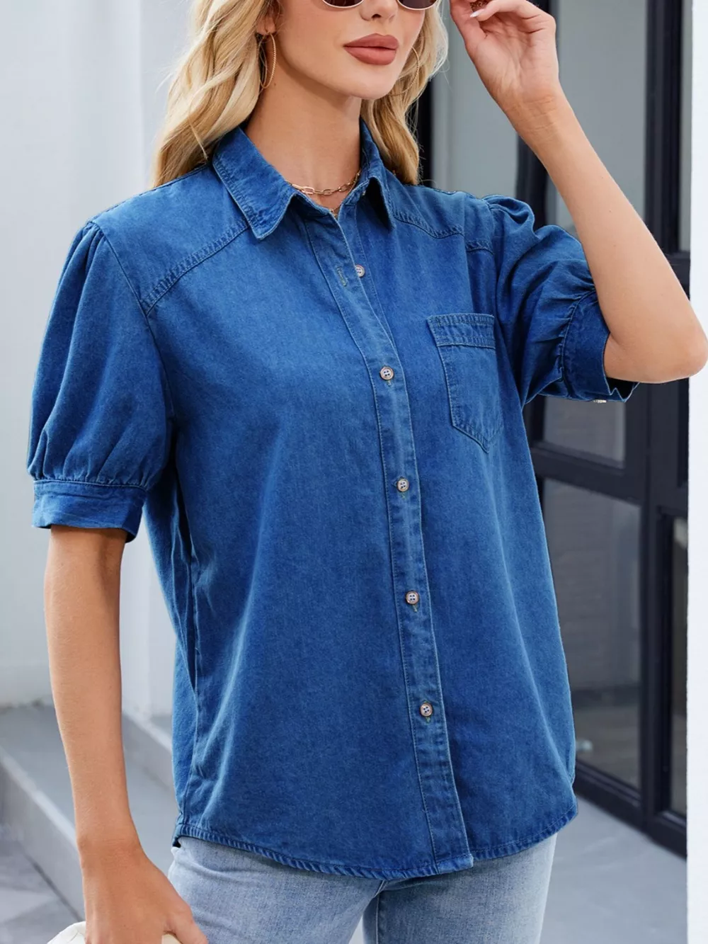 Puff Sleeve Button-Down Denim Shirt, image 4