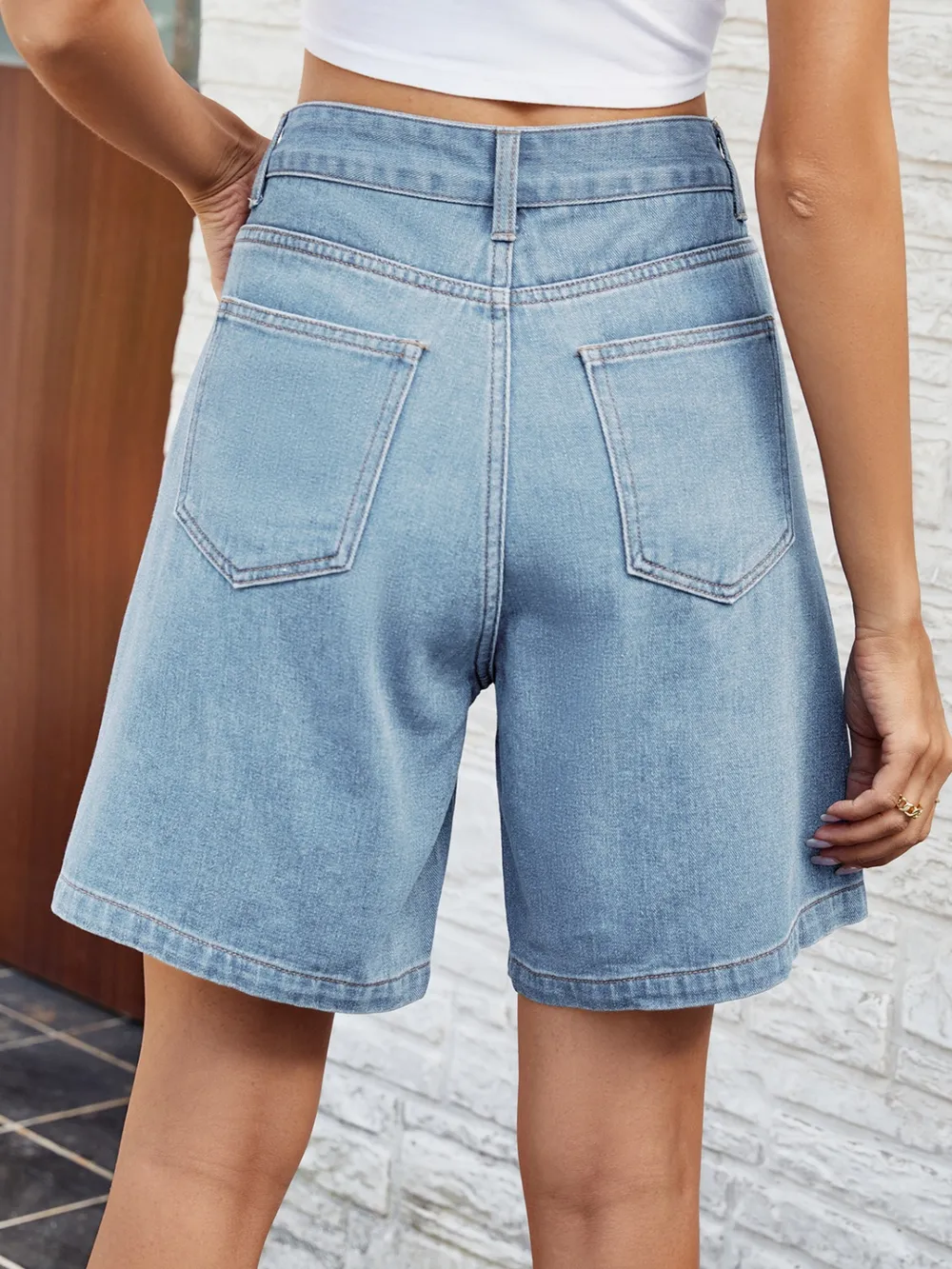 High Waist Denim Shorts with Pockets, image 9