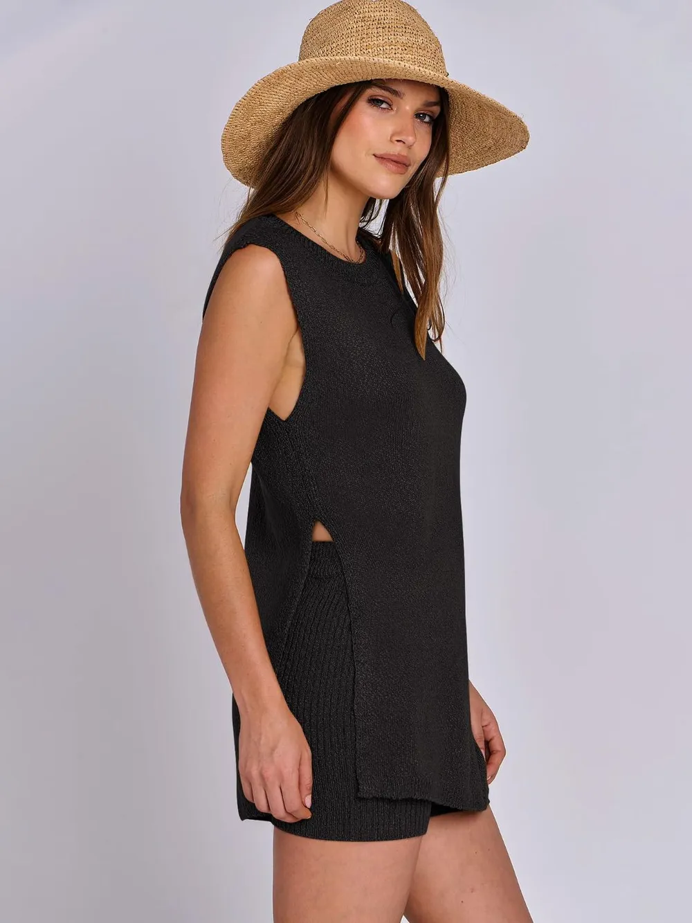 Side Slit Round Neck Tank and Ribbed Shorts Sweater Set, image 14