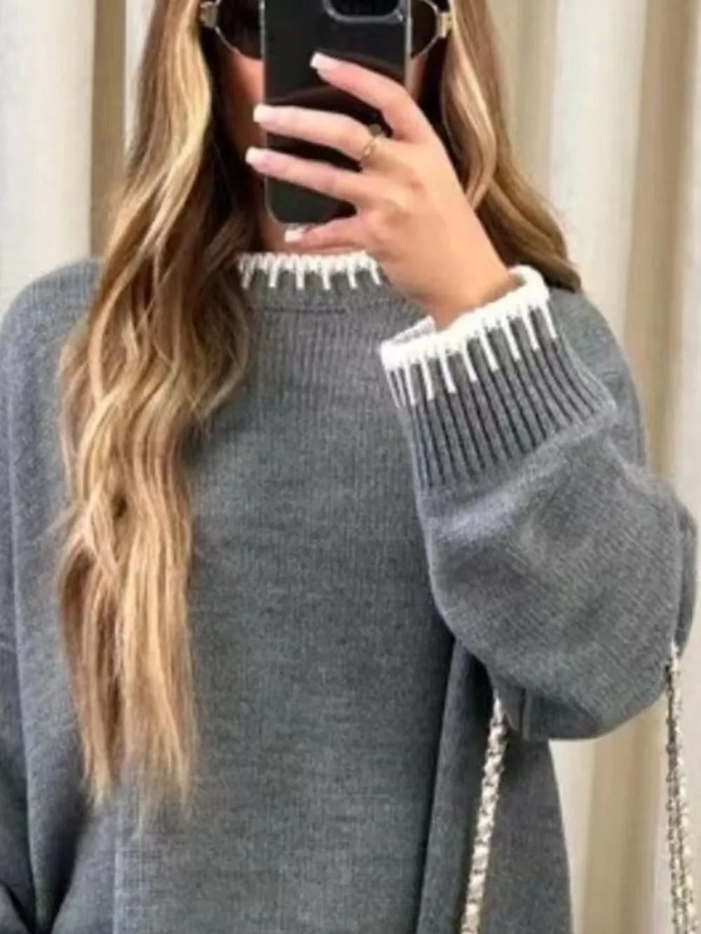 Contrast Trim Round Neck Top and Pants Sweater Set, image 9