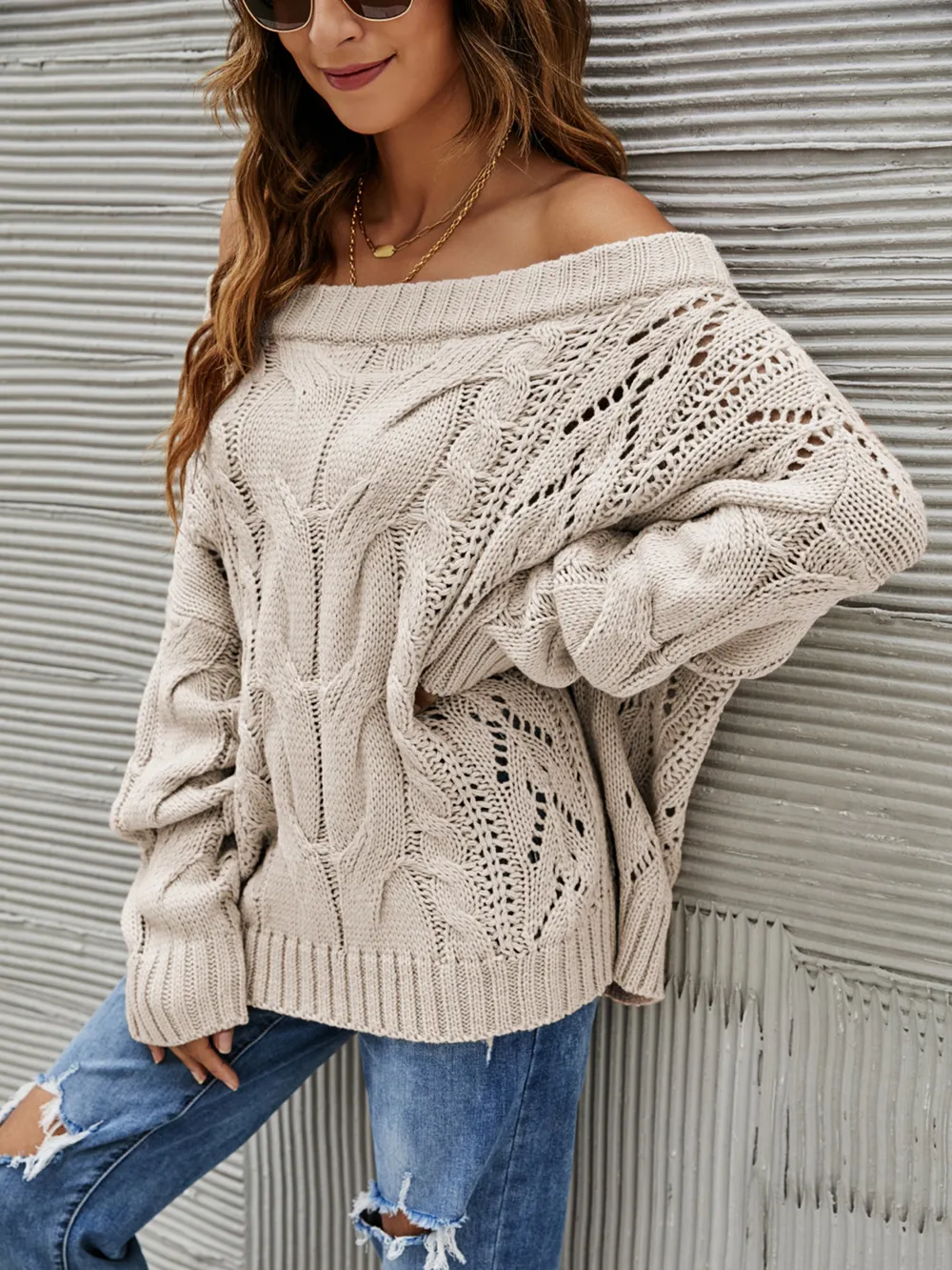 Cable Knit Openwork Off-Shoulder Sweater, image 14