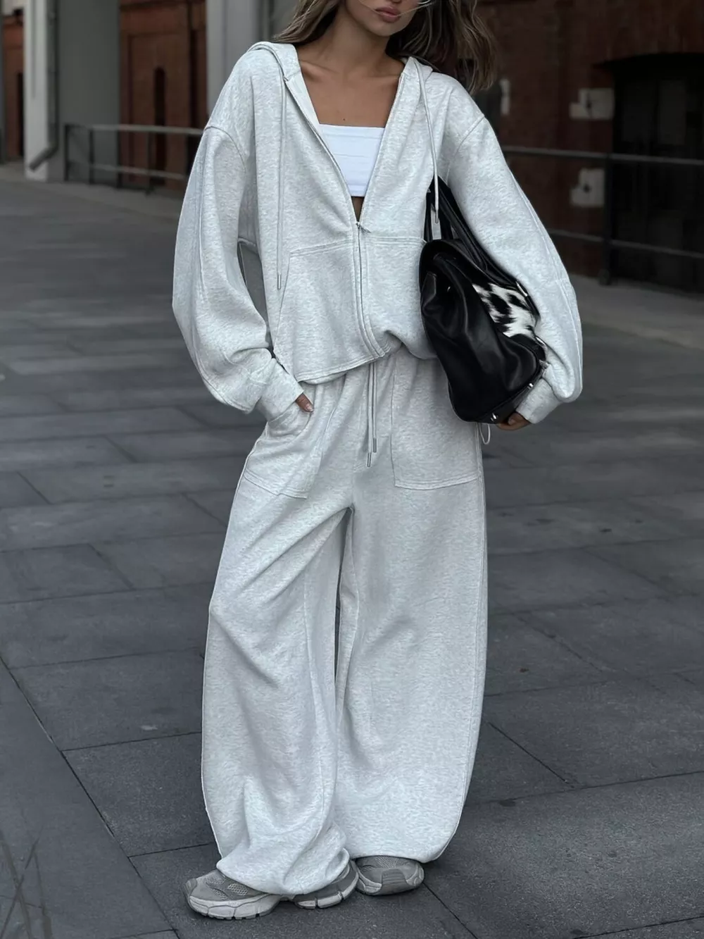 Oversized Zip-Up Hoodie and Wide-Leg Pants Set