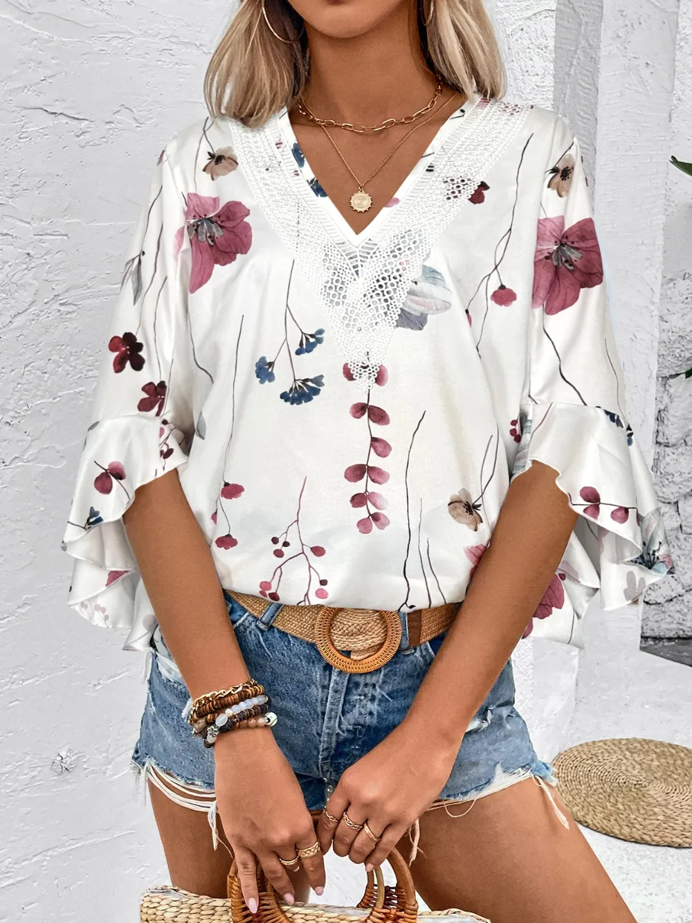 Ruffled Printed V-Neck Half Sleeve Blouse, image 13