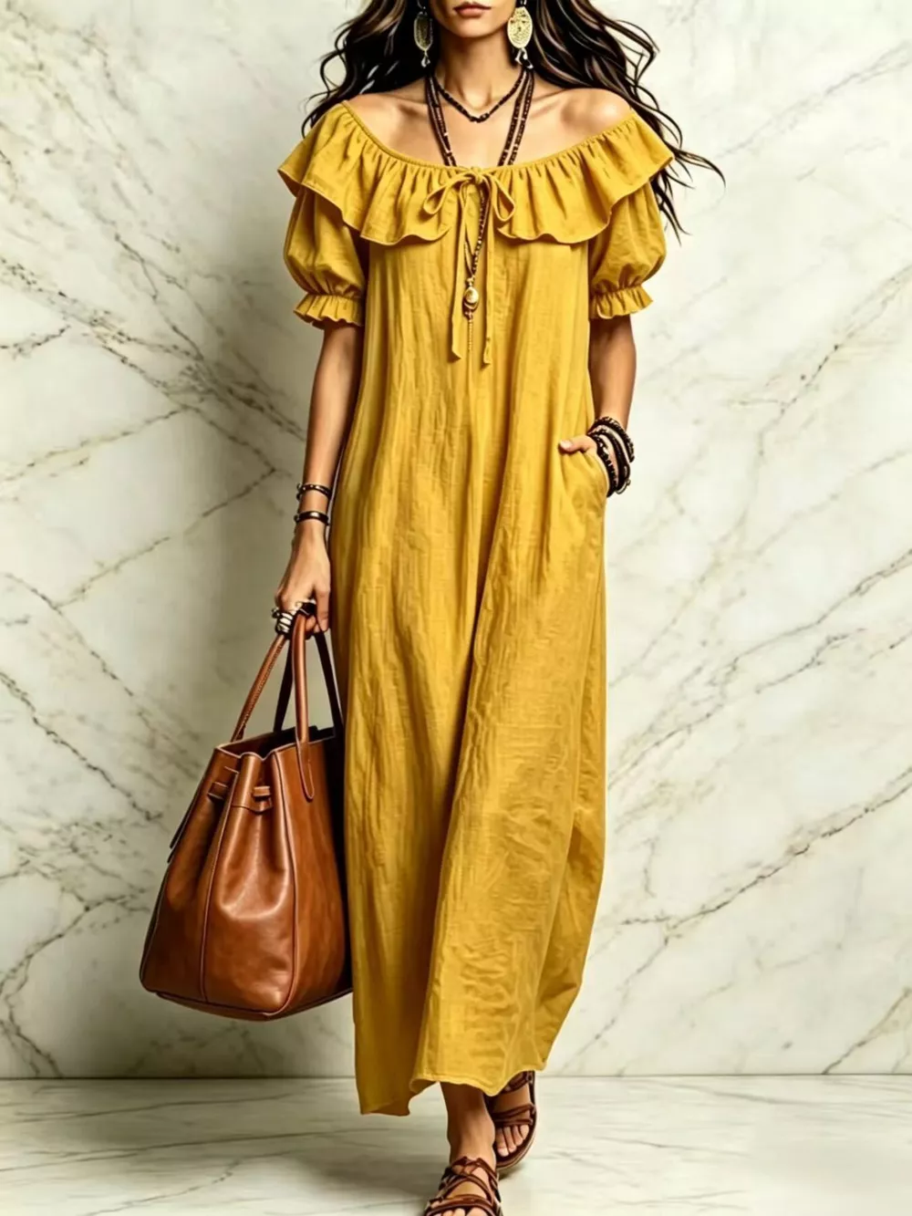 Ruffle Trim Puff Sleeve Maxi Dress, image 8