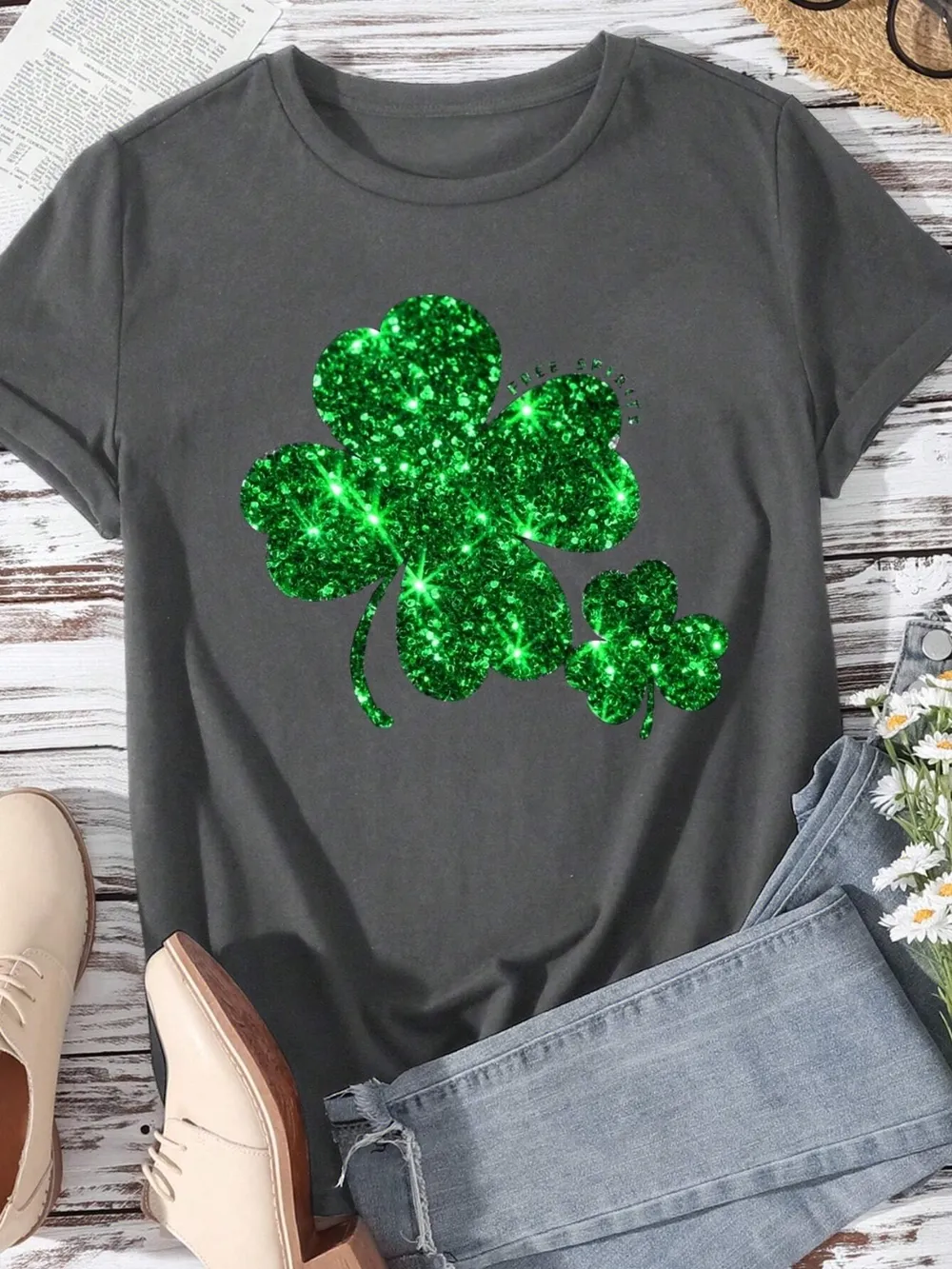 Lucky Clover Round Neck Short Sleeve T-Shirt, image 2