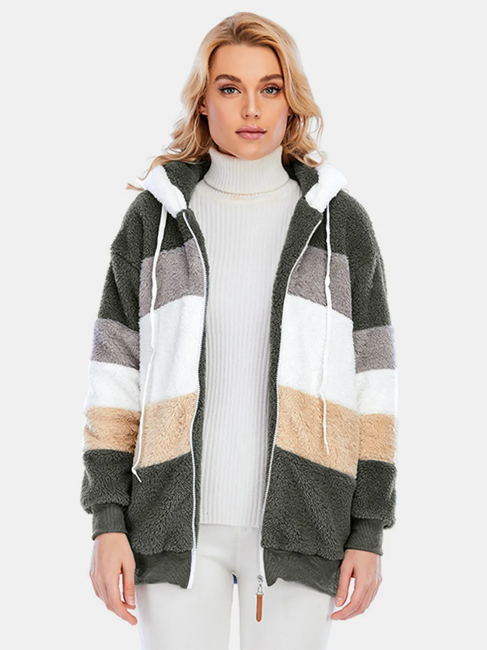 Full Size Drawstring Color Block Zip Up Hooded Outerwear, image 10