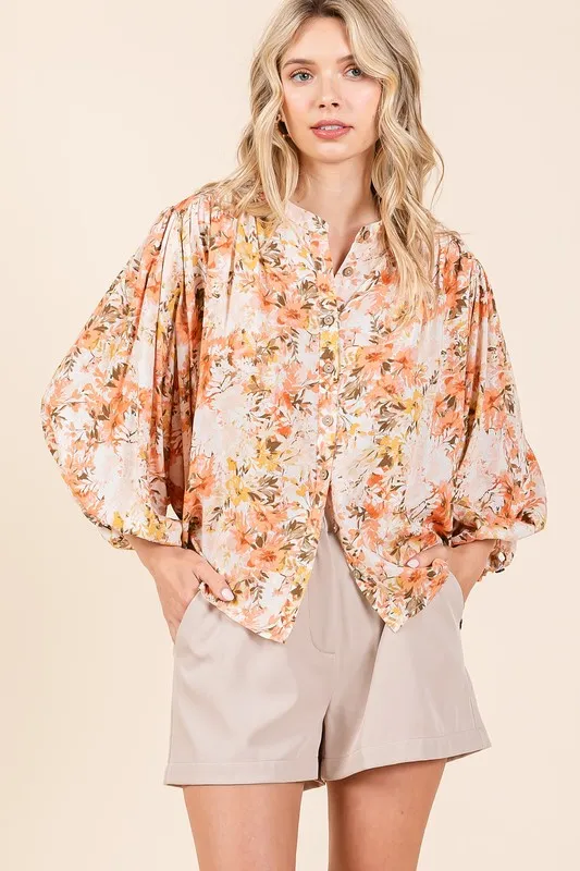 Flower Print Batwing Sleeve Button Down Blouse, image 4