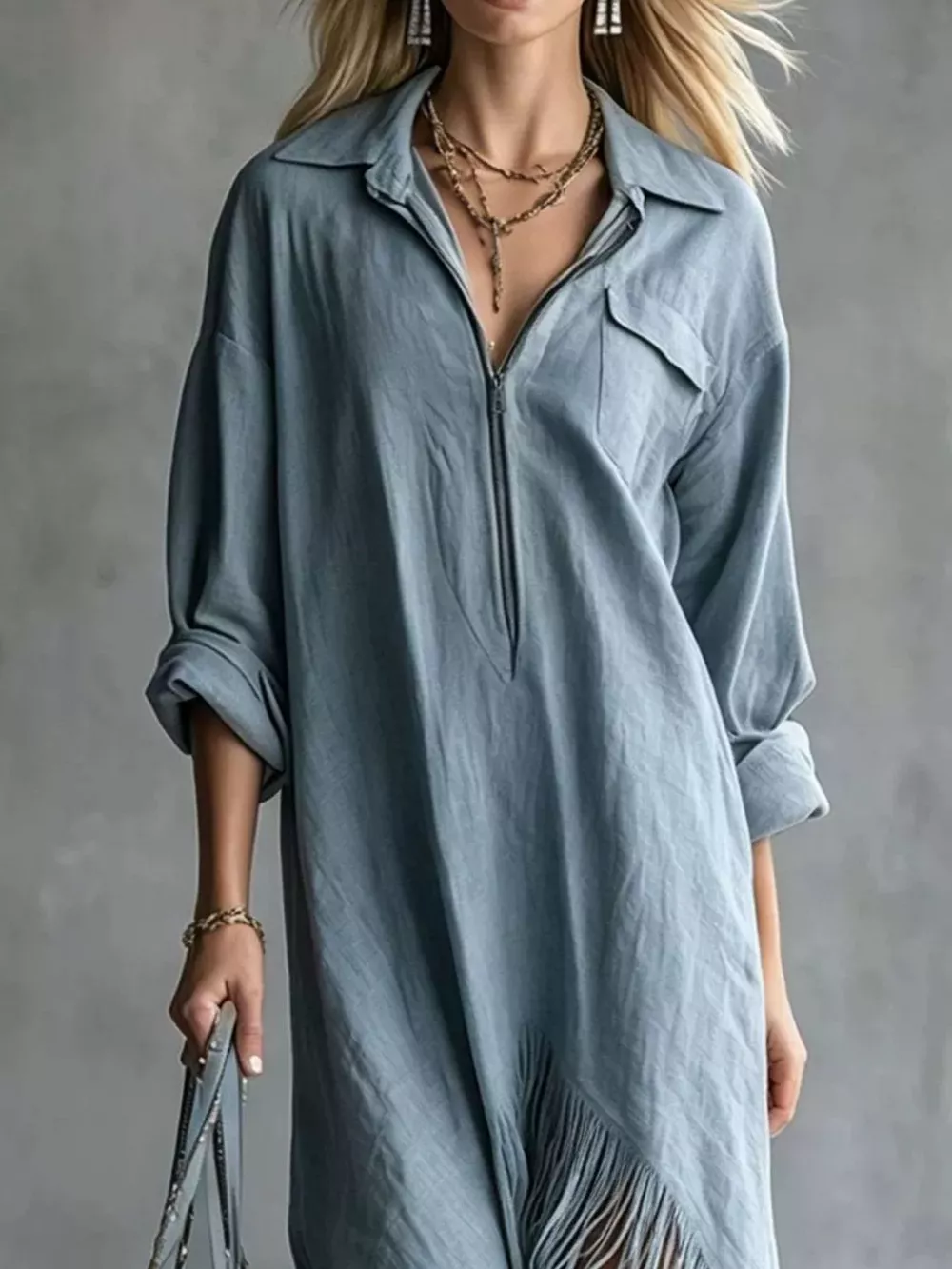 Fringe Hem Zip-Up Shirt Dress, image 6
