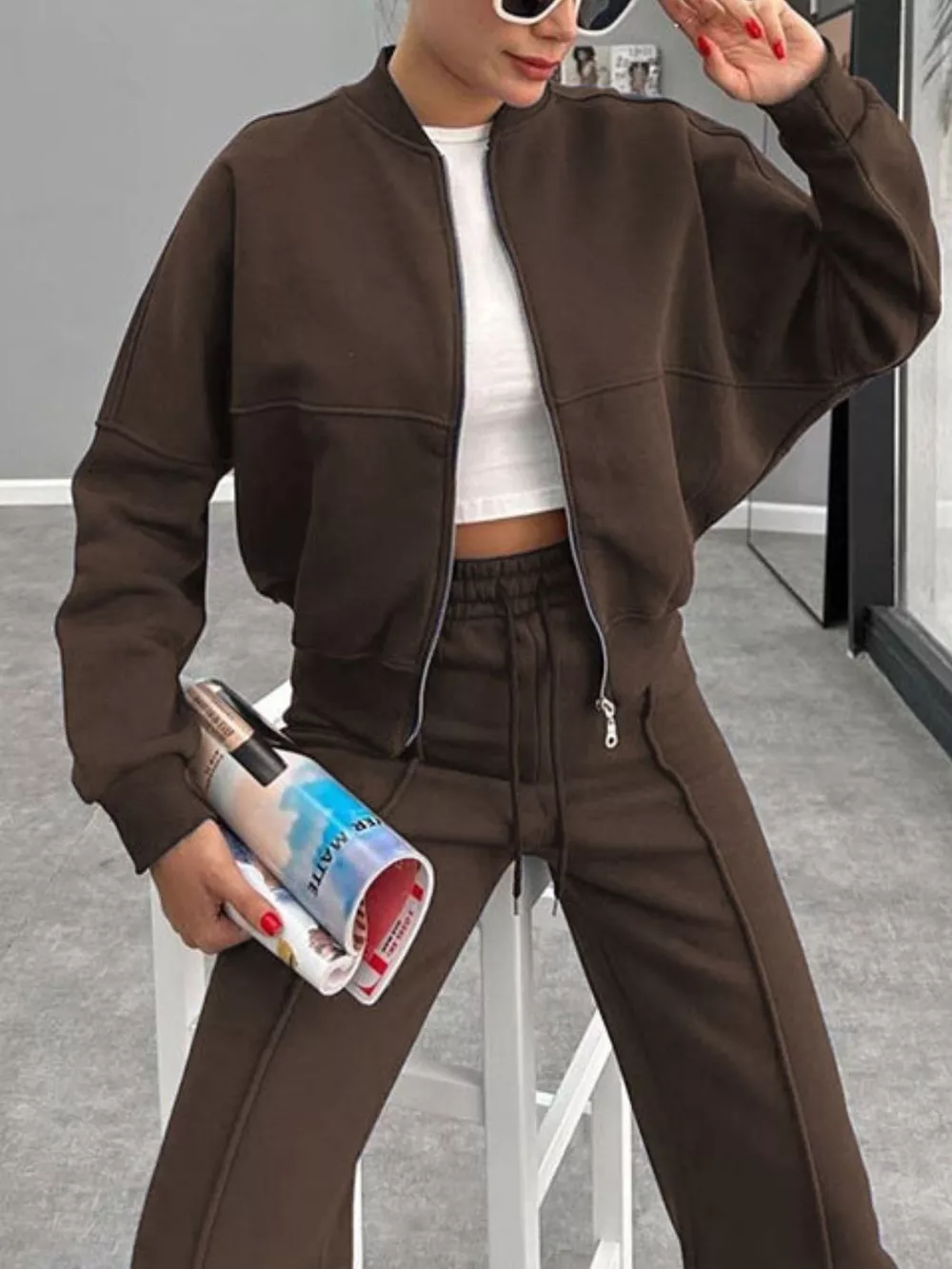 Baseball Collar Zip Up Outerwear and Drawstring Pants Set, image 25