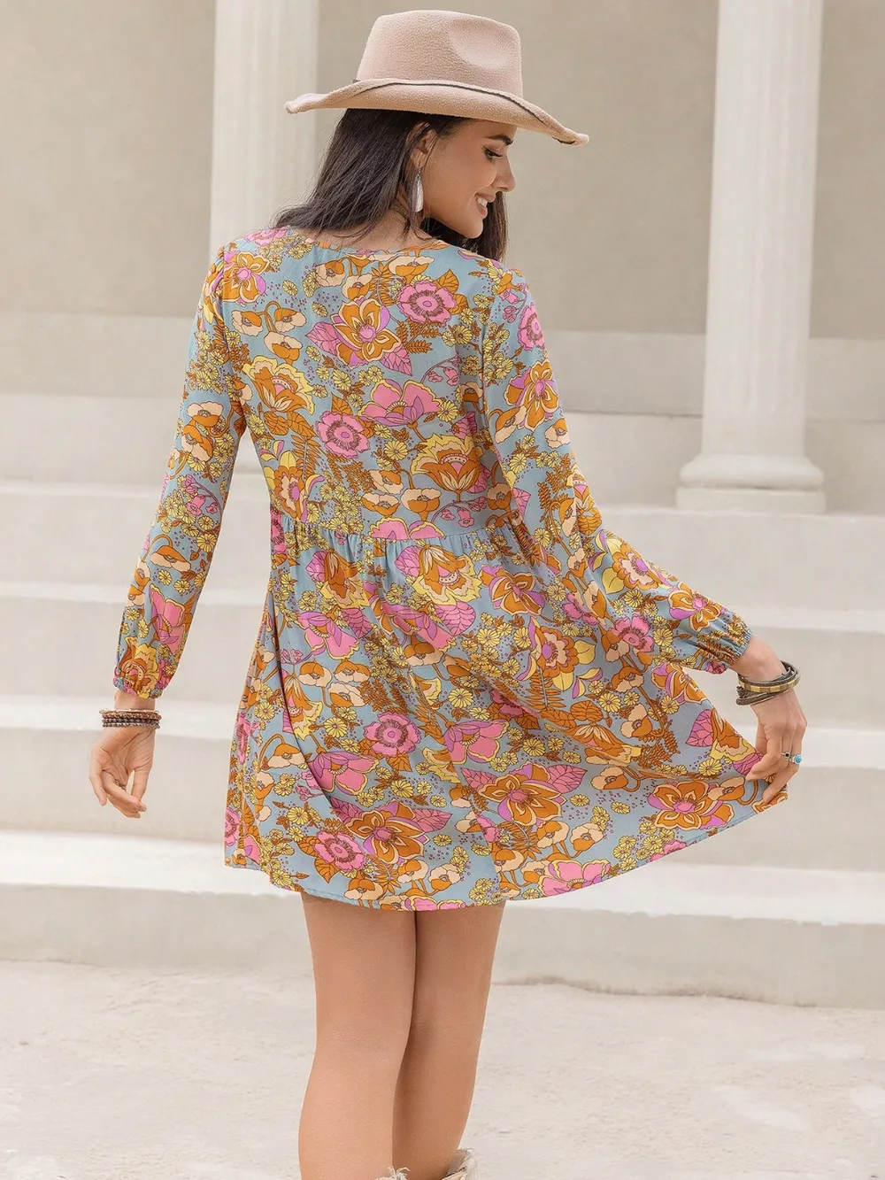 Printed V-Neck Balloon Sleeve Mini Dress, image 6