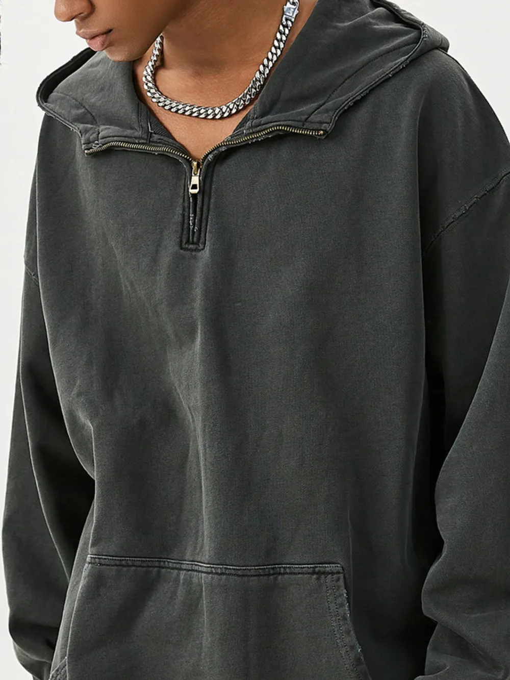 Men's Washed Quarter-Zip Hoodie with Kangaroo Pocket, image 3
