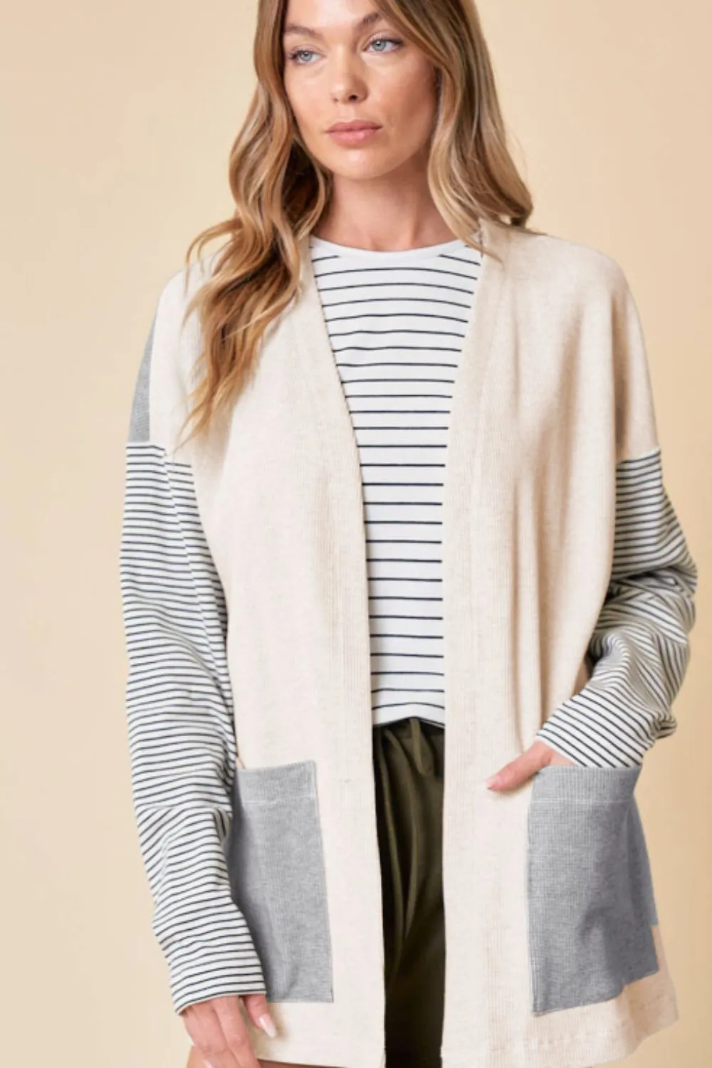 Open Front Long Sleeve Striped Cardigan with Pockets, image 9