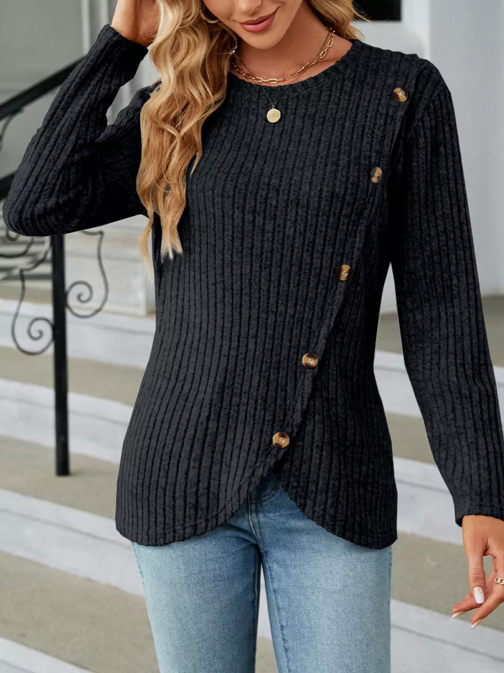 Ribbed Knit Decor Button T-Shirt, image 15