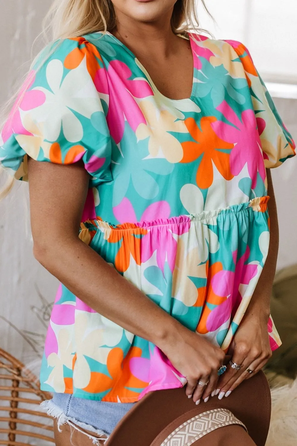 Floral Print Bubble Sleeve V Neck Peplum Blouse, image 12