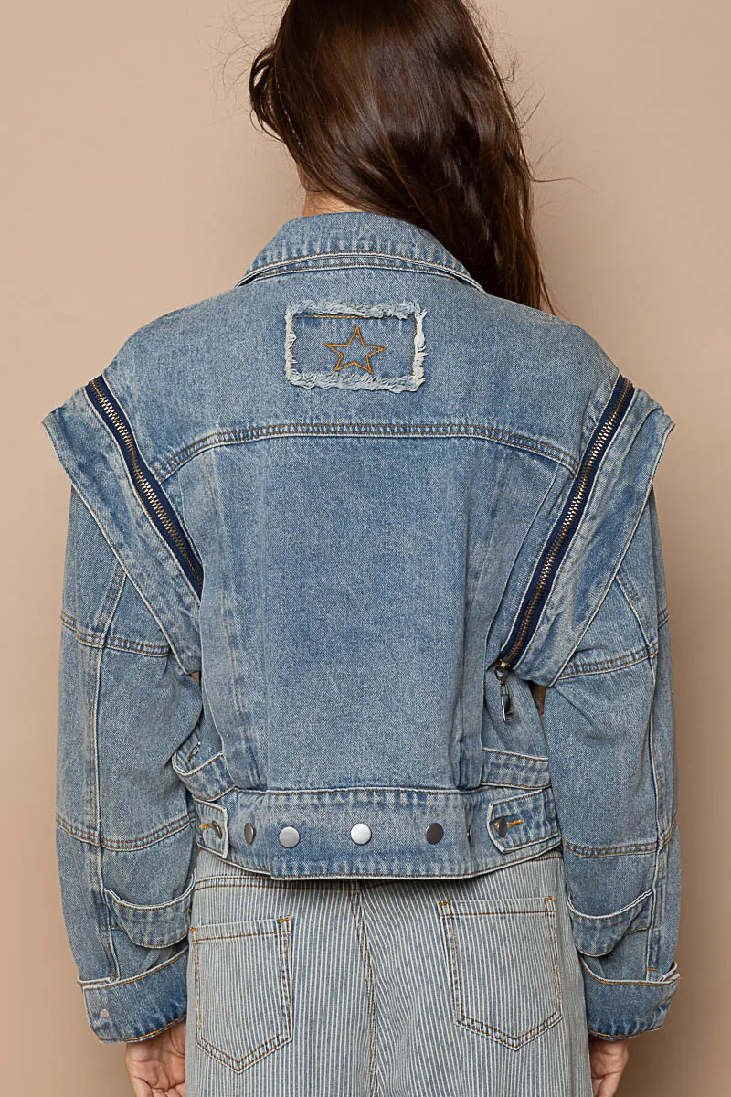 Cropped Denim Jacket with Functional Zipper Detail, image 3