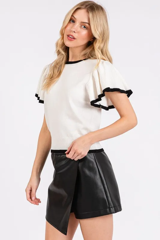 Contrast Trim Ruffled Cap Sleeve Knit Top, image 4