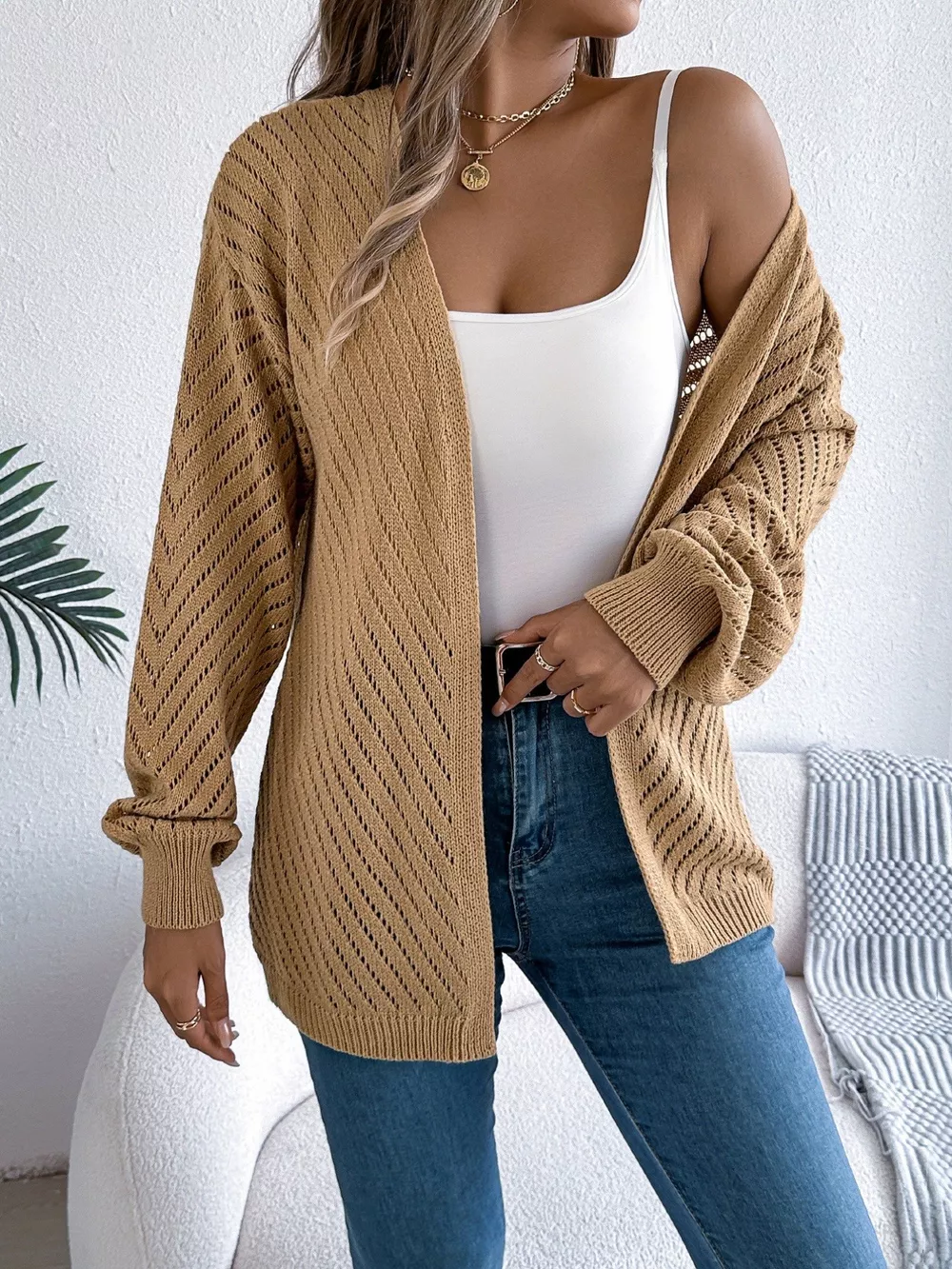 Openwork Open-Front Long Sleeve Cardigan, image 13