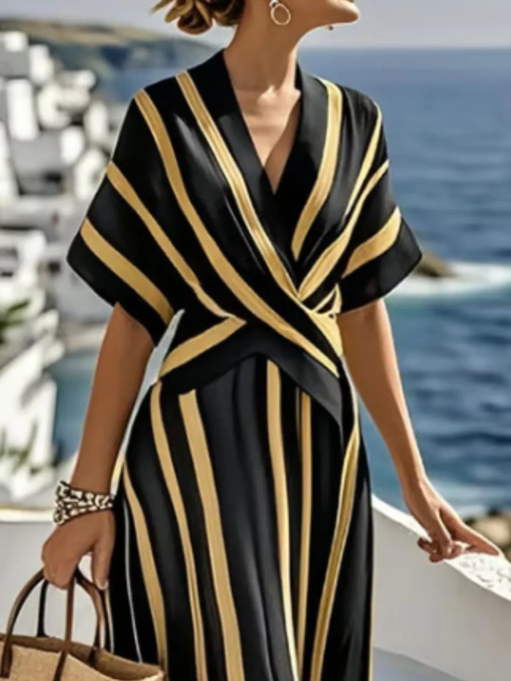 Full Size Striped Surplice Half Sleeve Midi Dress Plus Size, image 8