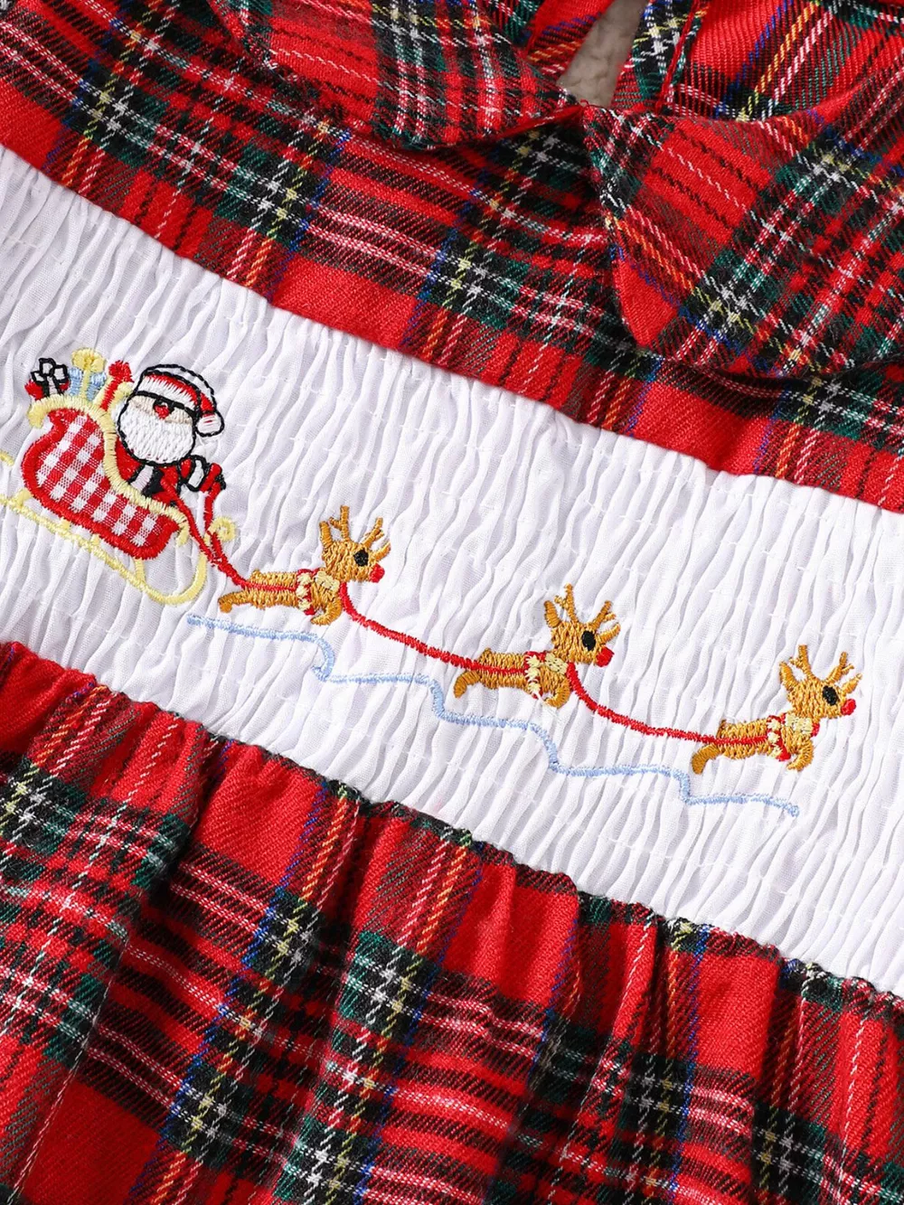 Children's Christmas Plaid Embroidered Smocked Dress, image 4