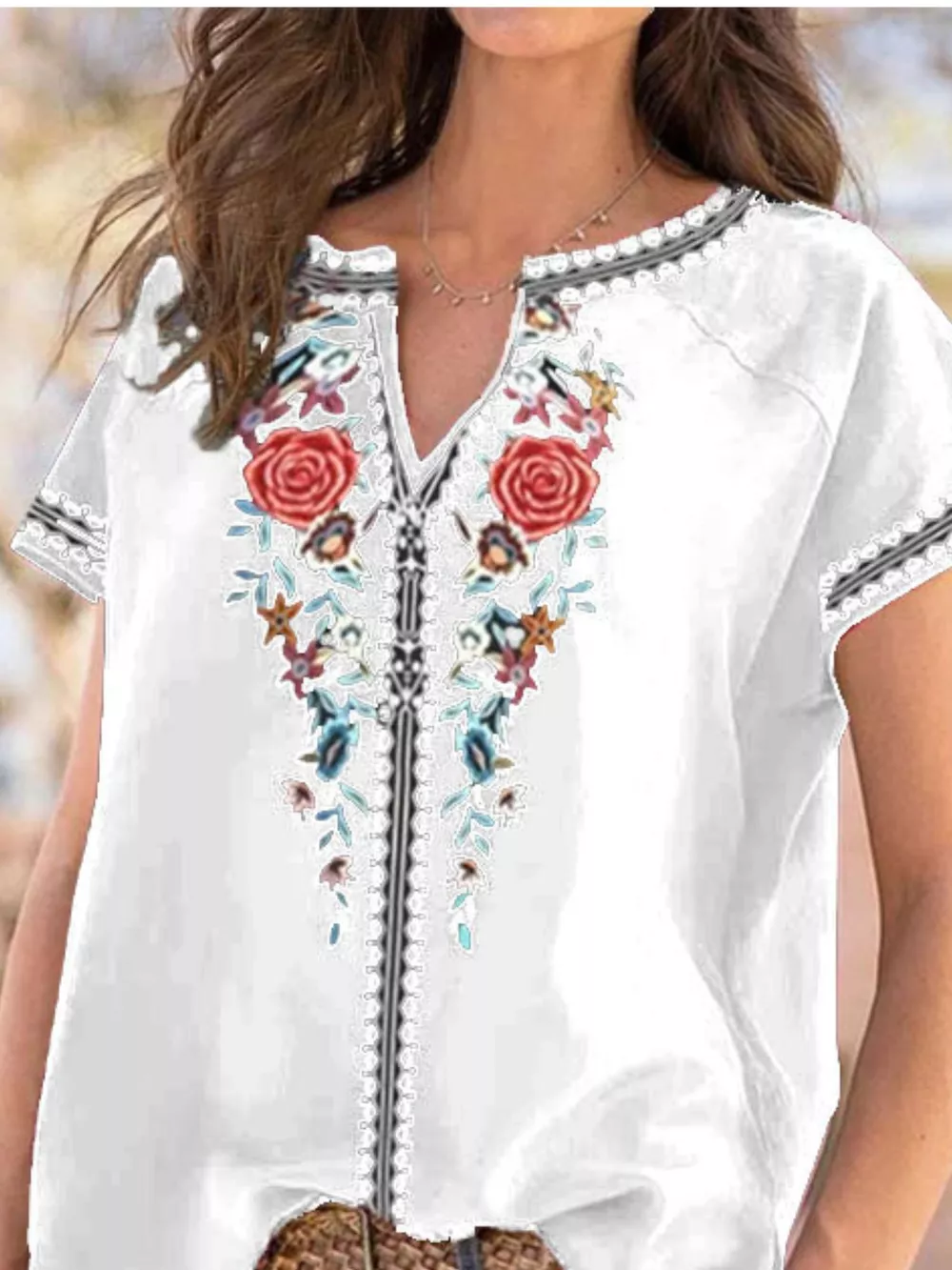 Full Size Floral Notched Short Sleeve Blouse Plus Size, image 3