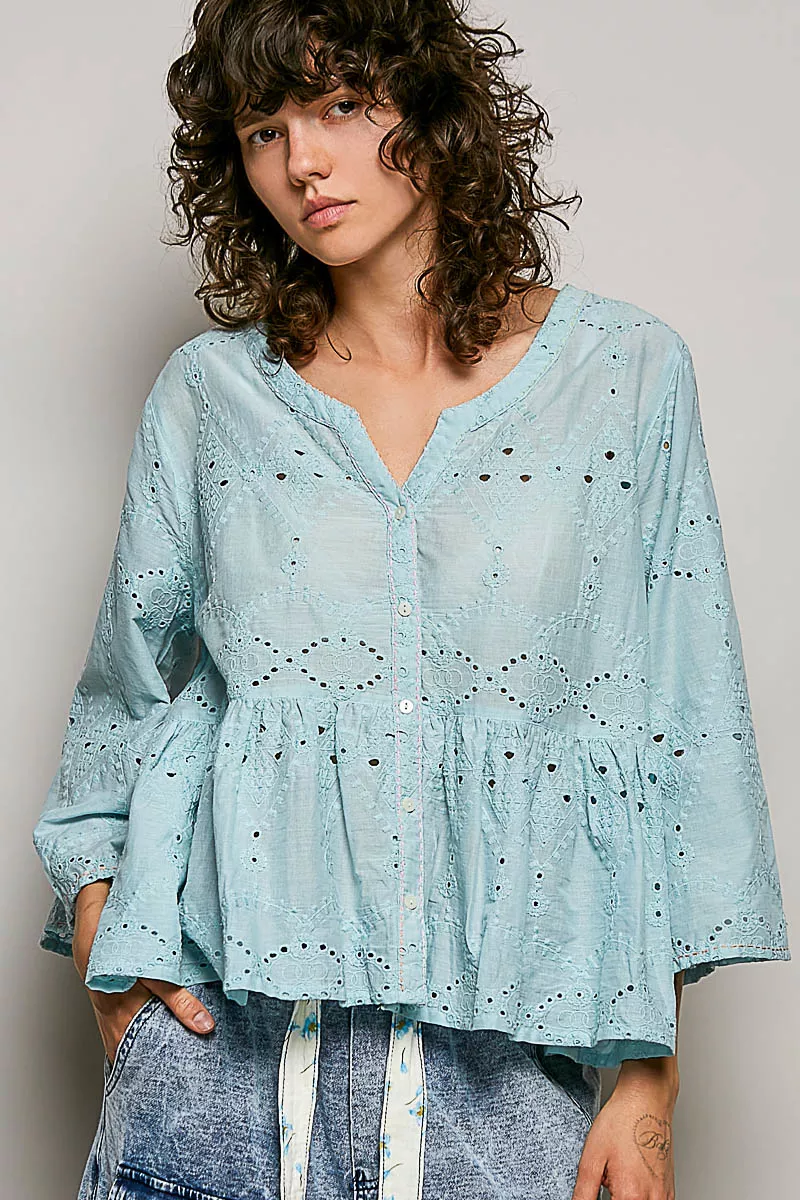 POL Eyelet Embroidery Peplum Button Front Cotton Shirt, image 4